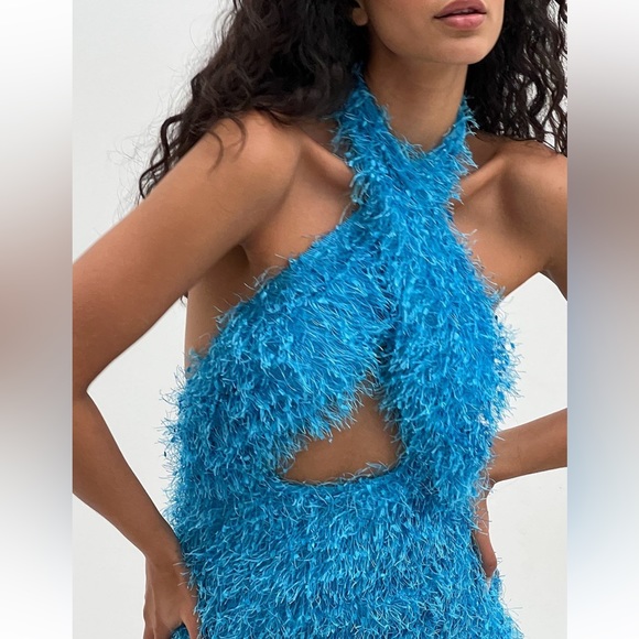 Twist neck feather fringe dress-new without tags - Picture 1 of 4